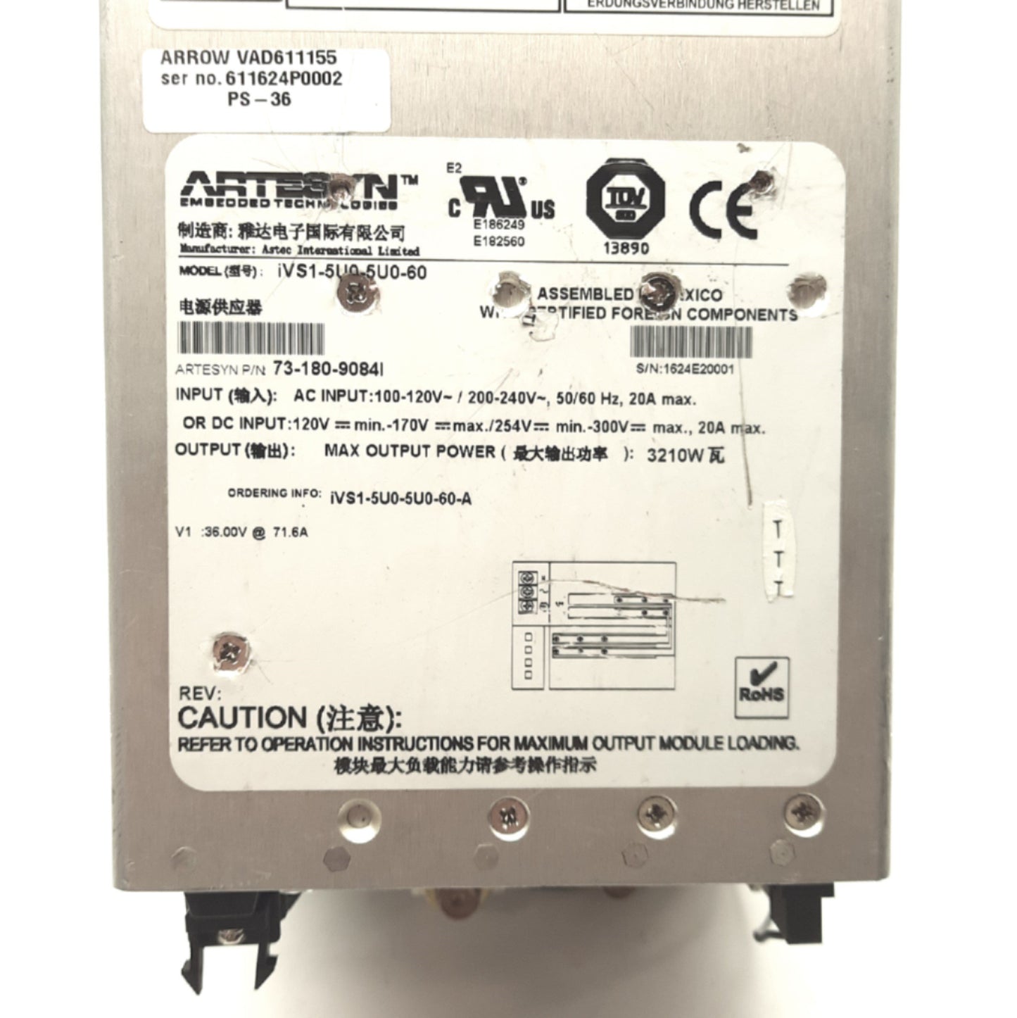 Used Synrad PS-36 LASER Power Supply, Out: 36VDC 71.6A In: 120-170/200-240VAC 20A