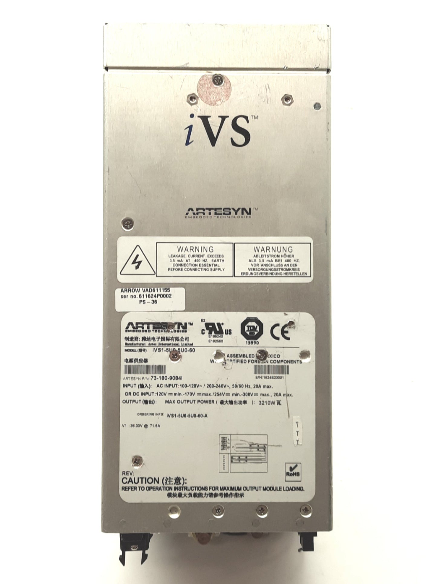 Used Synrad PS-36 LASER Power Supply, Out: 36VDC 71.6A In: 120-170/200-240VAC 20A