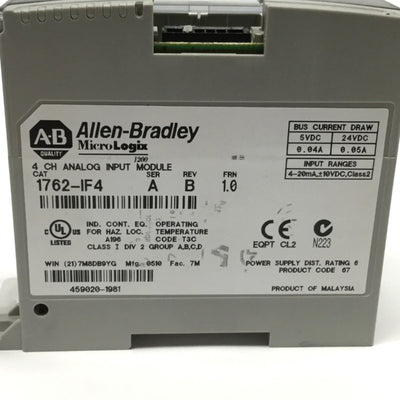 Used Allen Bradley 1762-IF4 MicroLogix Analog Input Module, 4-Channel, 4-20mA ±10VDC