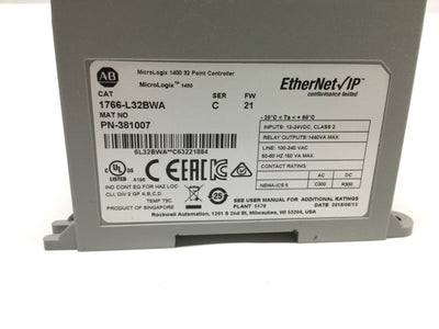 Used Allen Bradley 1766-L32BWA Ser C MicroLogix 1400 PLC CPU Controller, 120/240VAC