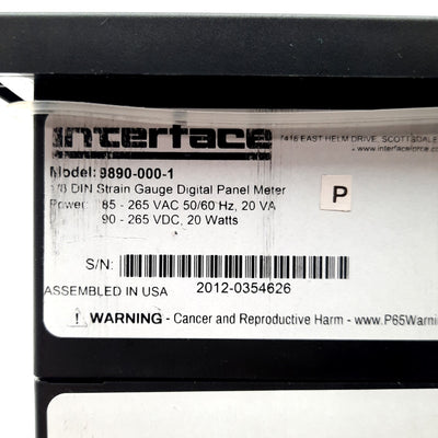 Interface 9890-0000-1 Digital Strain Gauge Panel Meter USB ±15-±250mV 120/240VAC
