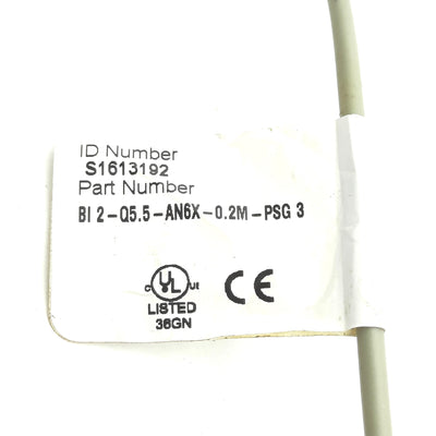 Used Turck Bi2-Q5.5-AN6X-0.2M-PSG 3 Inductive Proximity Sensor, 2mm, 10-30VDC, NO NPN