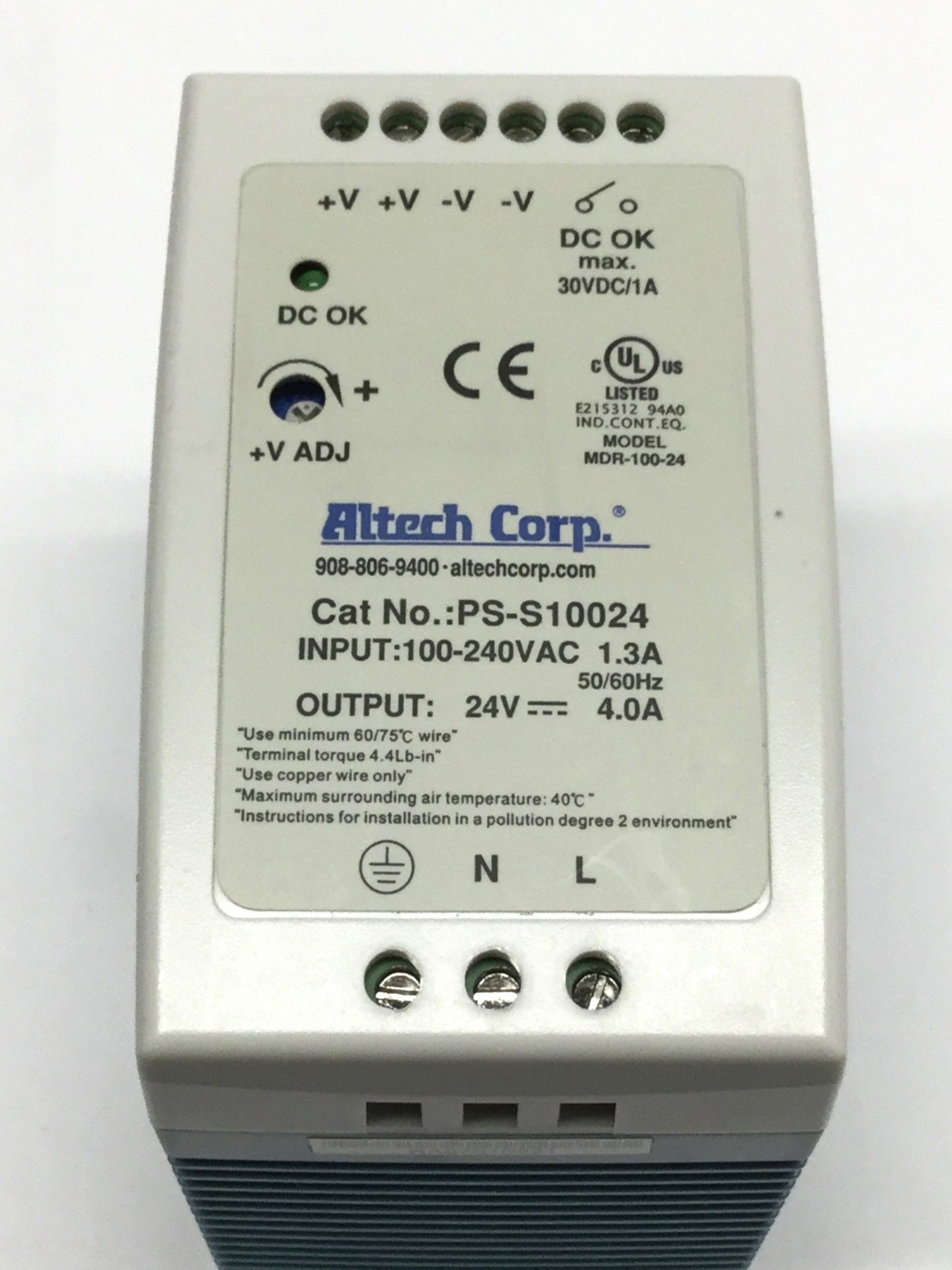 Used Altech PS-S10024 Industrial DIN Rail Power Supply 100-240VAC In, 24VDC 4A Out