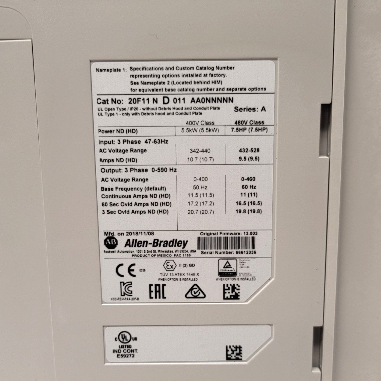 New Allen Bradley 20F11ND011AA0NNNNN Powerflex 753 AC Drive 7.5HP 480VAC 3-Ph 11A