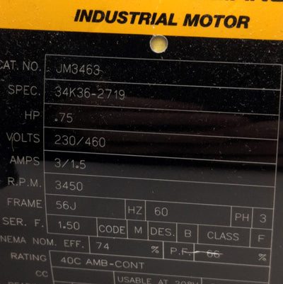 Used Baldor JM3463 34K36-2719 Pump Motor, Frame: 56J, 230/460VAC 3-Ph, 3600RPM, 3/4HP
