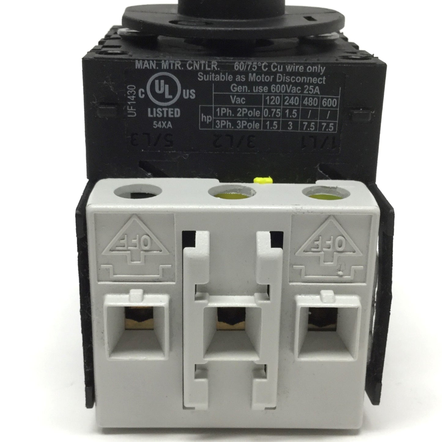Used BACO 172000 ON-OFF Motor Disconnect Switch, 3-Pole 90° Throw, 600VAC 25A