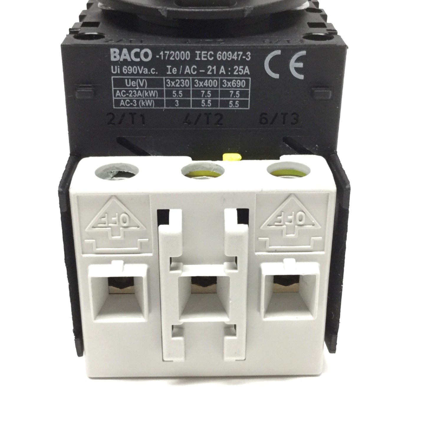 Used BACO 172000 ON-OFF Motor Disconnect Switch, 3-Pole 90° Throw, 600VAC 25A