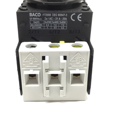 Used BACO 172000 ON-OFF Motor Disconnect Switch, 3-Pole 90° Throw, 600VAC 25A
