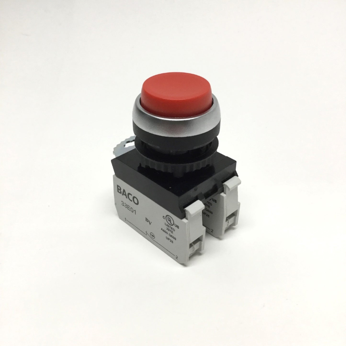 Used BACO L21AB01 Pushbutton Switch, Momentary, Red, 2NC Contacts, 600VAC 10A