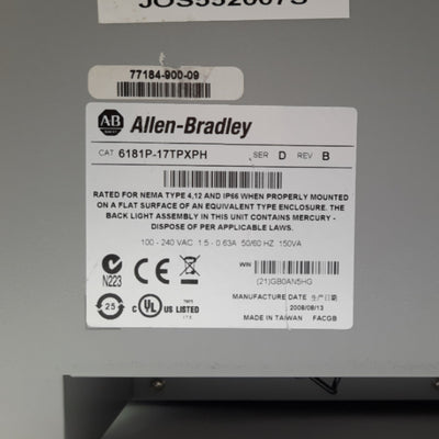 Allen Bradley 6181P-17TPXPH Touch Panel PC 17" Intel P4 2GHz 100-240VAC *No HDD*