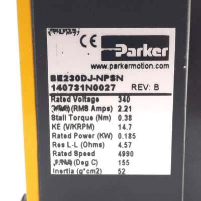 Used Parker BE230DJ-NPSN Servo Motor 340V 2.21A Ø3/8" Shaft, 0.185kW, 0.38Nm, 4990rpm