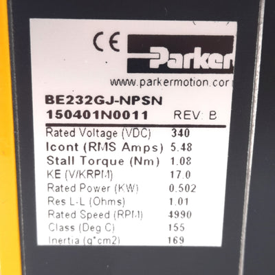 Used Parker BE232GJ-NPSN Servo Motor 340VDC 5.48A, 1.08Nm, 0.502kW, 4990rpm, NEMA 23