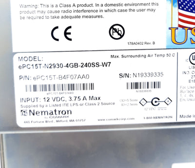 Nematron Corp EPC15T-N2930-4GB-240SS-W7 ePC Lite Series Touch Screen Panel 600:1