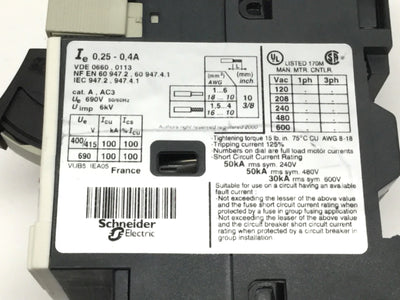 Used Schneider Telemecanique GV2ME033 3-Pole Motor Starter Circuit Breaker 0.25-0.4A