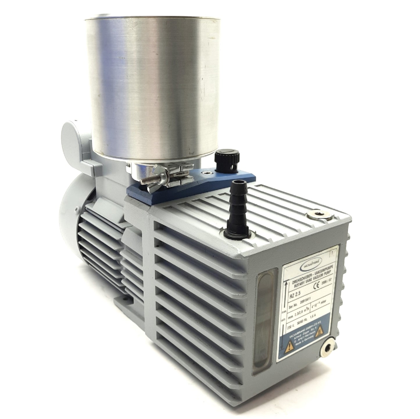 Used VacuuBrand RZ 2.5 Rotary Vane Vacuum Pump 1.65CFM 8-10mm Hose 230VAC 1.6A