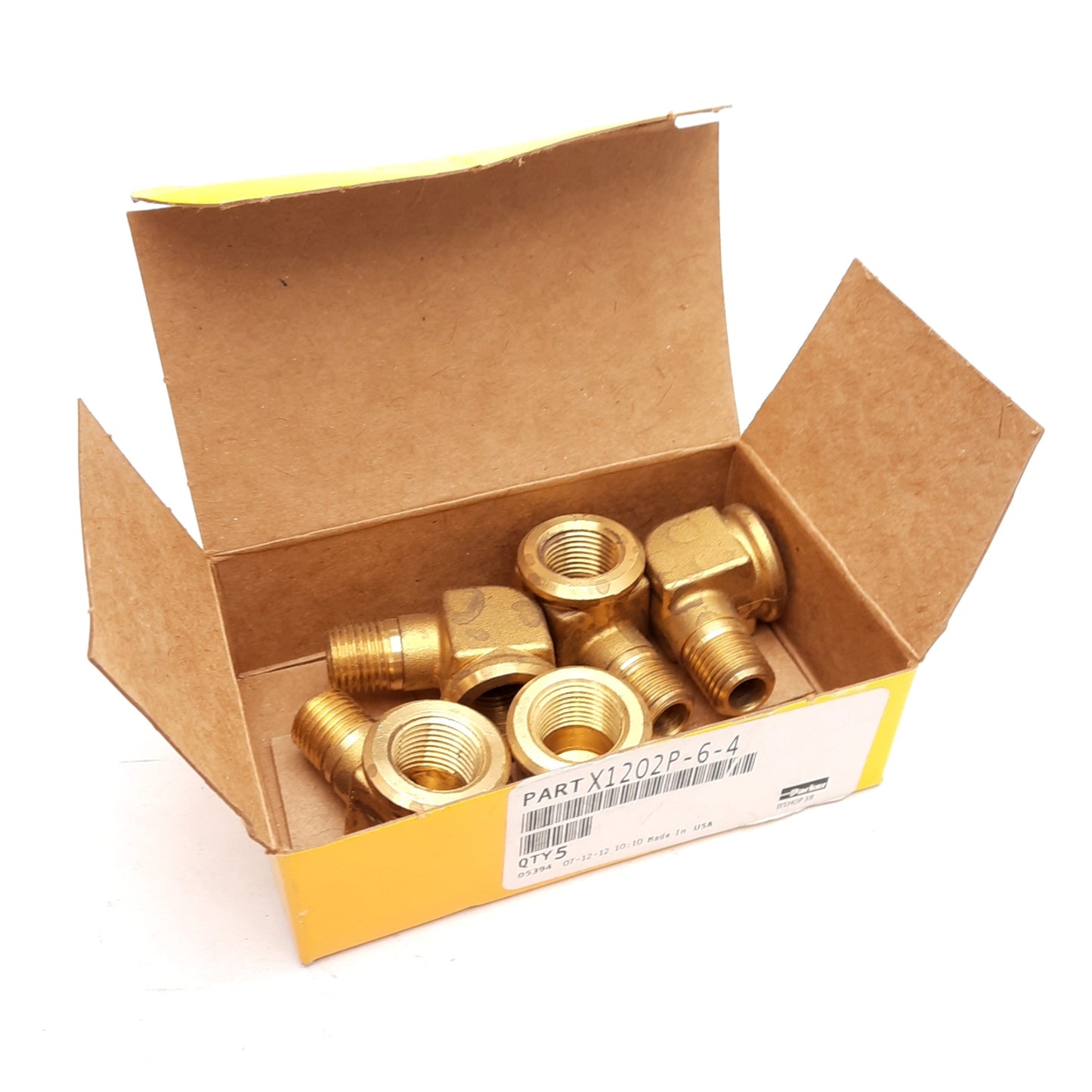New Lot of 5 Parker 1202P-6-4 90 Deg Brass Elbow Fitting, 3/8in FIP to 1/4in MIP