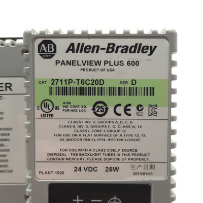 Allen Bradley 2711PC-T6C20D8 PanelView Plus 600 HMI Panel 6" USB/RS232 24VDC