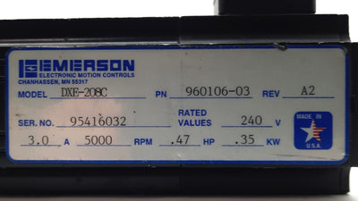 Used Emerson DXE-208C Rev.A2 AC Servo Motor, 0.47HP, 5000RPM, 240VAC, NEMA23 *Corner*