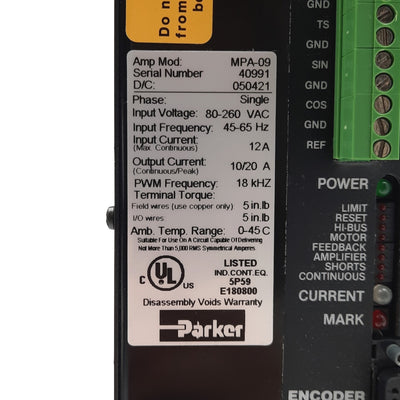 Parker MPA-09 Servo Amplifier, 1-Axes, 18kHz PWM, 10/20A Output, 80-260VAC 12A