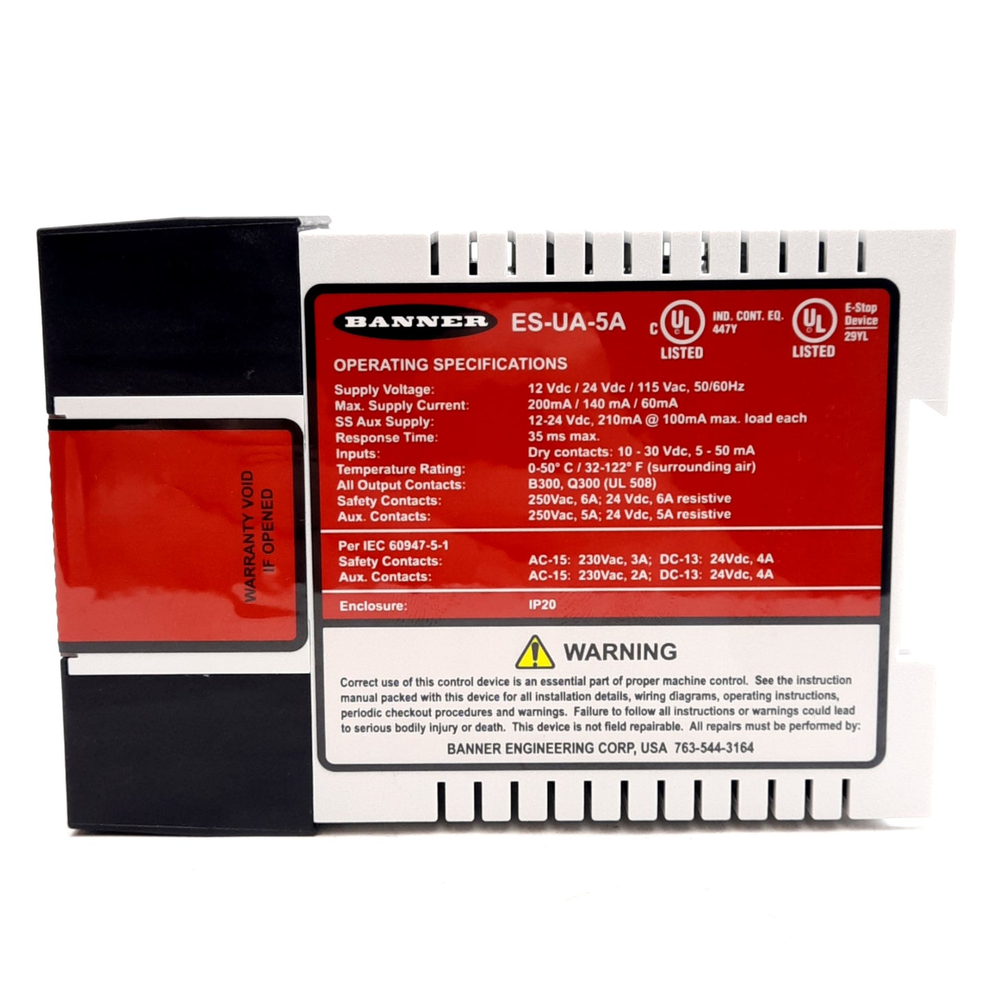 New Banner ES-UA-5A Safety Relay E-Stop Module, 4NO + 1NC + 2AUX, 115VAC/12-24VDC