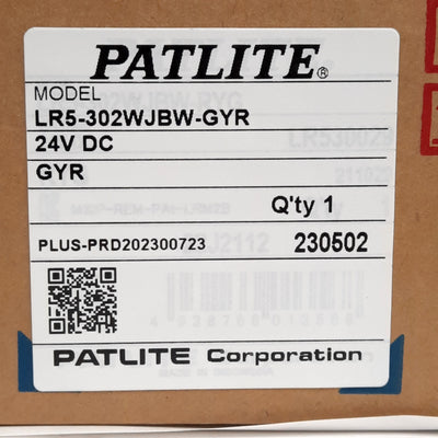 New Patlite LR5-302WJBW-GYR Tower Stack Light, Flashing/Buzzer, 24VDC 0.25A 6.6W