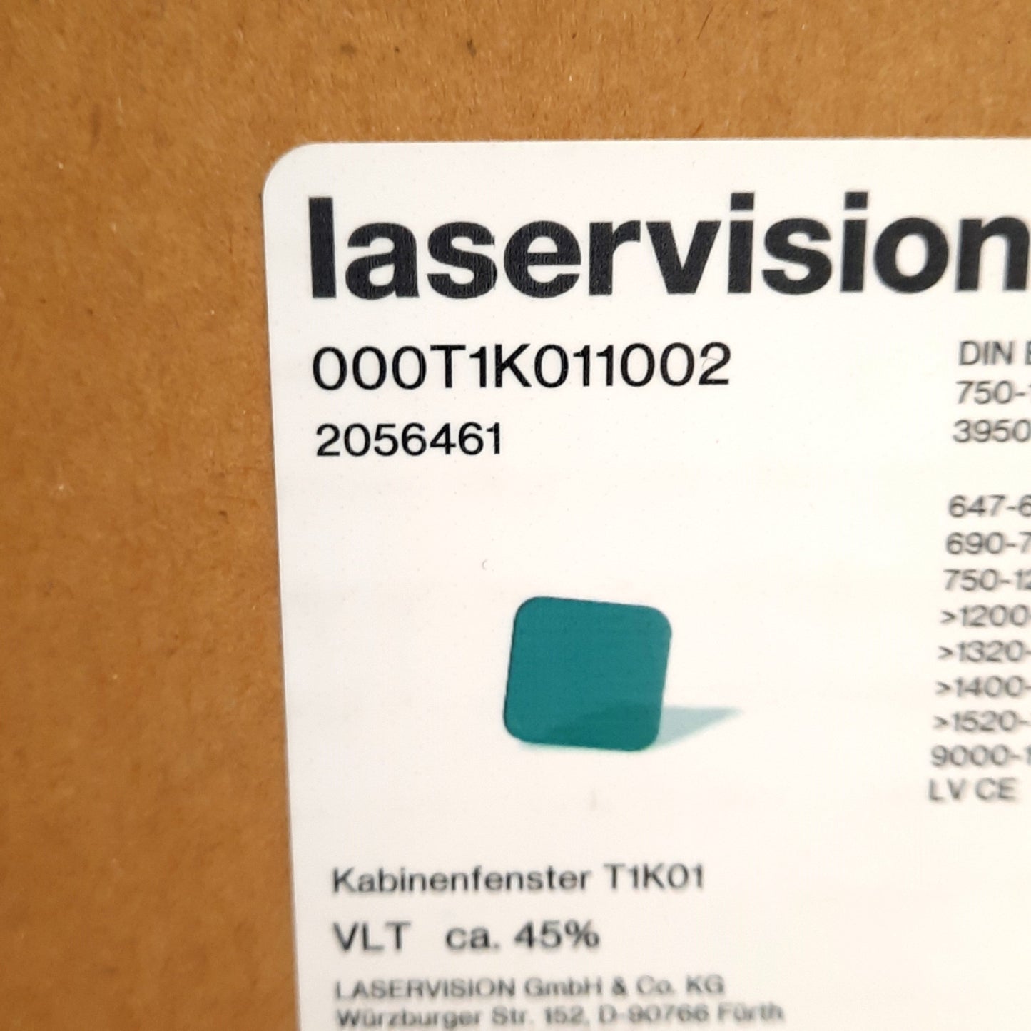 New Laservision 000T1K011002 Laser Safety Window, 297x210mm, OD8+ @ 750-1200nm