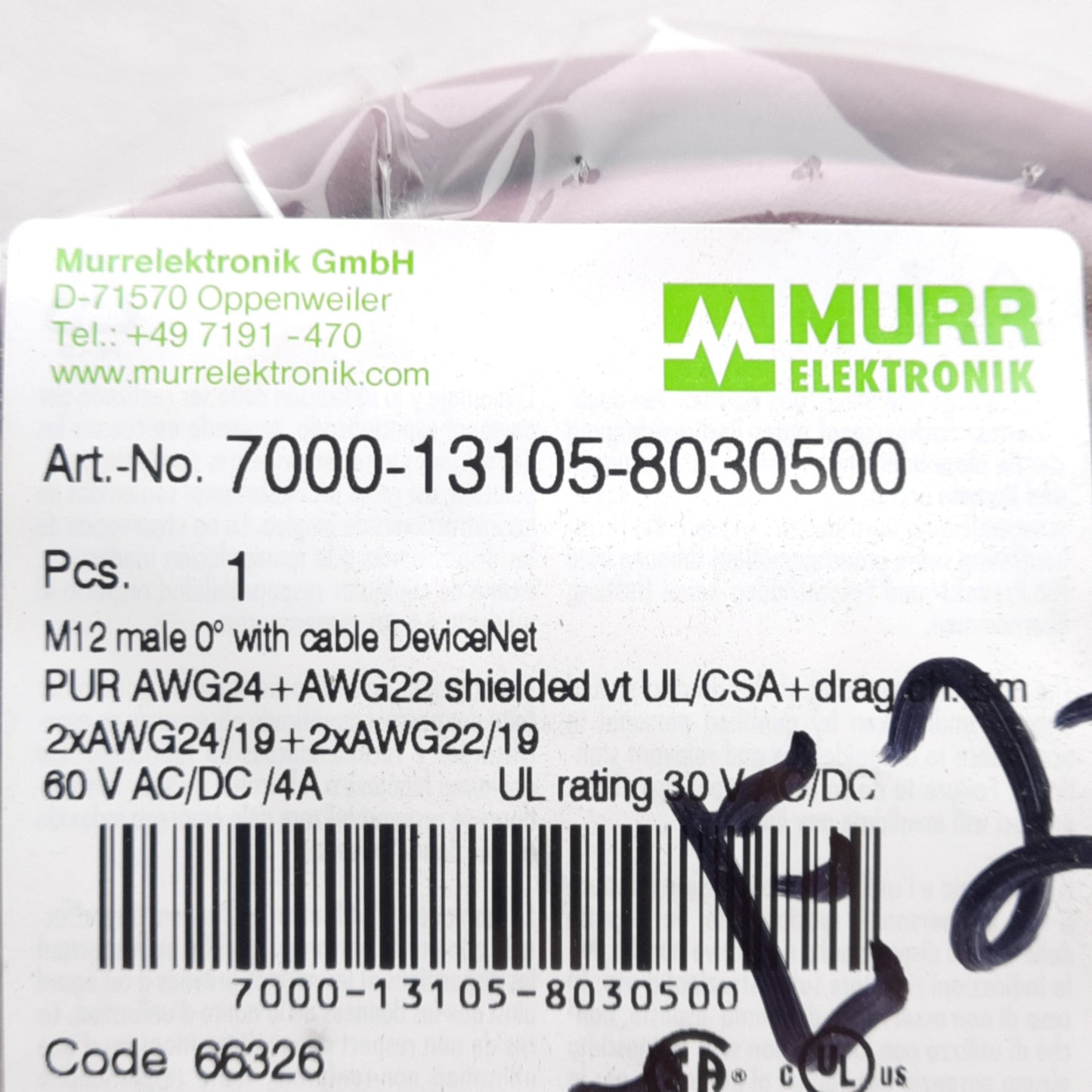 New Murrelektronik 7000-13105-8030500 DeviceNet Cable M12 5-Pin Male 0° to Cut Cable
