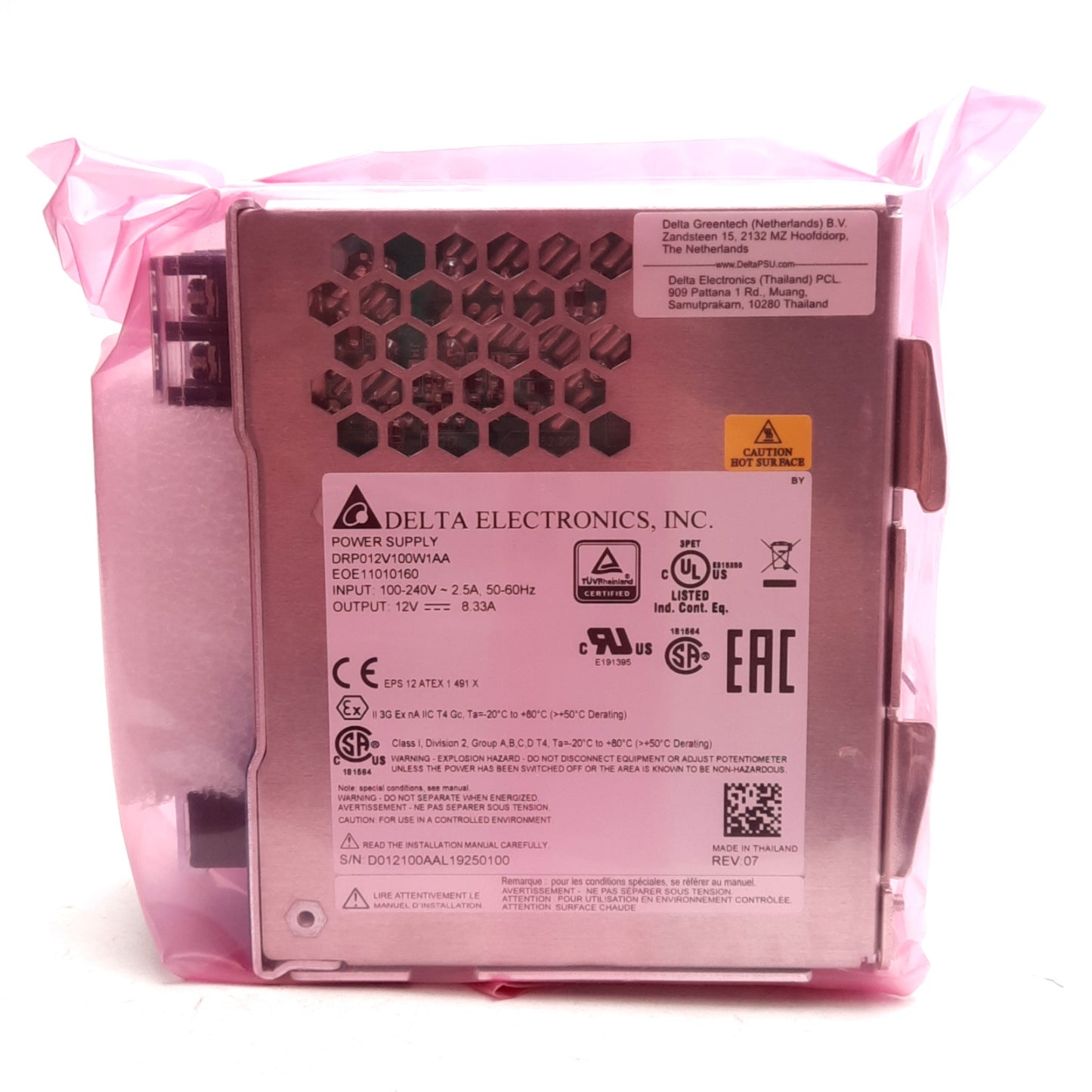 New Delta DRP012V100W1AA Power Supply, 100-240VAC 2.5A In, 12VDC 8.33A Out, 100W