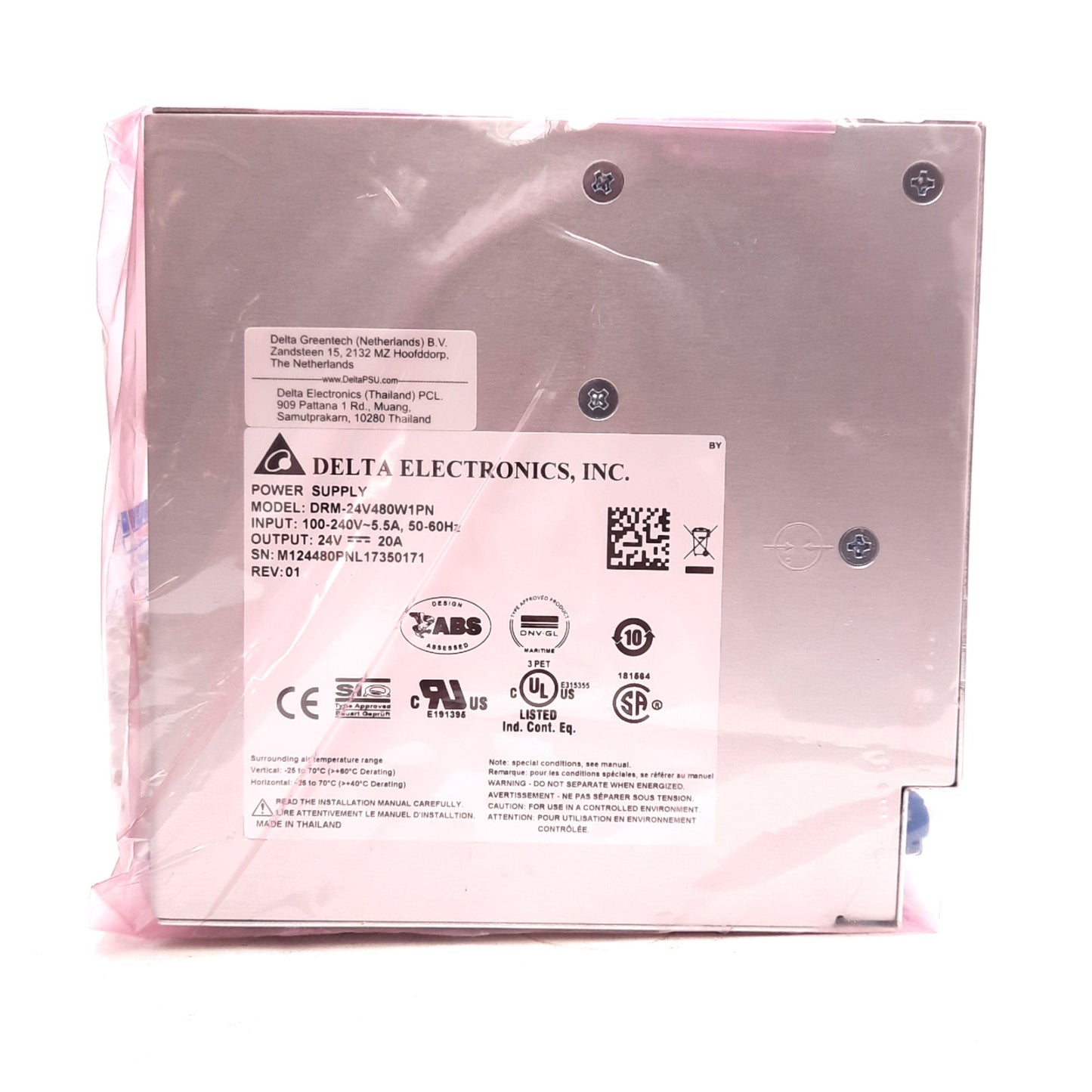 New Delta DRM-24V480W1PN Power Supply, 24V 20A 480W 1-Phase Output, 100-240VAC Input