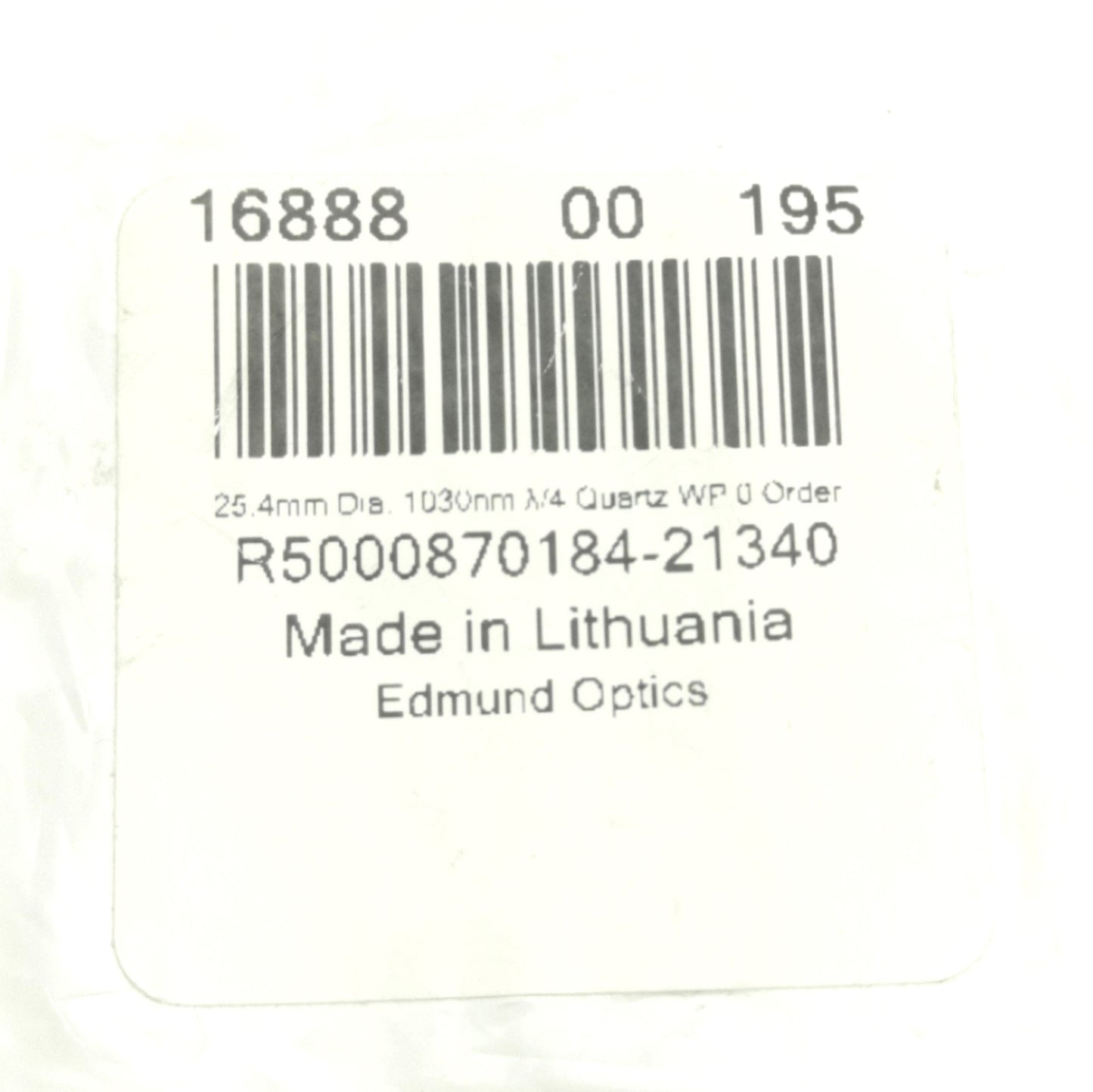 New – Open box Edmund Optics 16-888 Quartz Waveplate Zero Order, 25.4mm, 1030nm λ/4, Coated