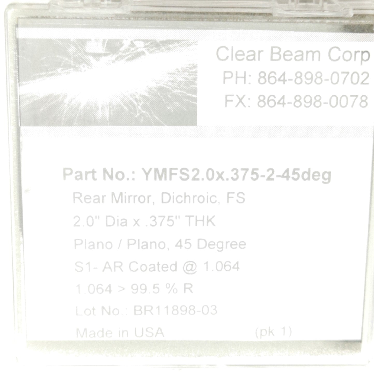 New Clear Beam YMFS2.0X.375-2-45deg Fused Silica Mirror Dichroic M/R@1064nm, YAG