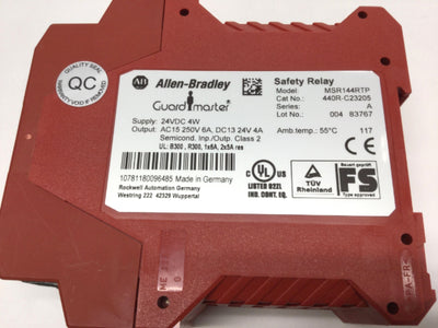 Used Allen Bradley MSR144RTP Guardmaster Safety Relay Module 2NO-2NC, 24VDC