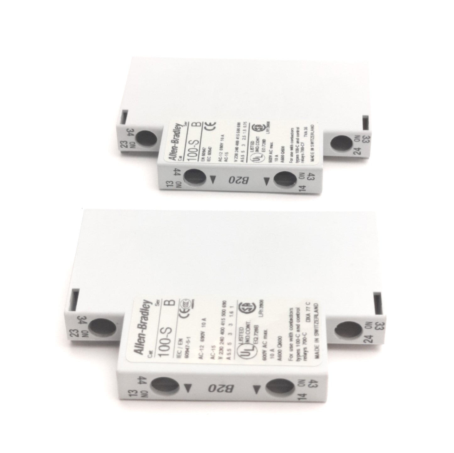 Used Lot of 2 Allen Bradley 100-SB20 Auxiliary Contact, 2 Normally Open DPST, 2-Pole