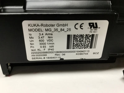 Used KUKA MG-35-84-25 Robot Servo Motor 3.47Nm, 600VDC, 3000RPM, 0.93kW