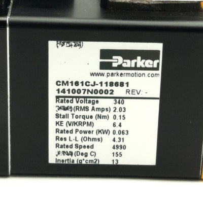 Used Parker CM161CJ-118681 Servo Motor w/ Brake, 340VDC 2.03A, 4990RPM, 0.15nm
