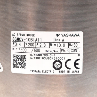 Used Yaskawa SGMCV-10BIA11 AC Servo Motor, 3-Phase 200VAC 2.8A 314W 10Nm 300/600rpm