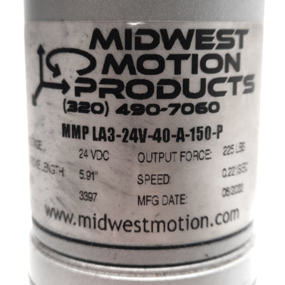 Midwest Motion MMP LA3-24V-40-A-150-P Linear Actuator, 24VDC 1.6A 5.91in Stroke