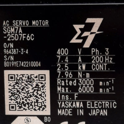 Used Sigma-7 SGM7A-25D7F6C AC Servo Motor, 400V 2.5kW, 7.96Nm, 6000rpm, ø24mm Shaft