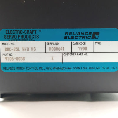 Reliance Electric BDC-25L W/O HS Electro-Craft Brushless DC Amplifier 25-130VAC