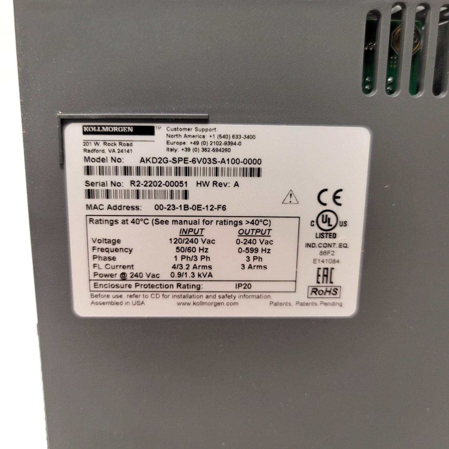 New Kollmorgen AKD2G-SPE-6V03S-A100-0000 Servo Drive 120/240VAC 1-3Ph, 3A, 1kW