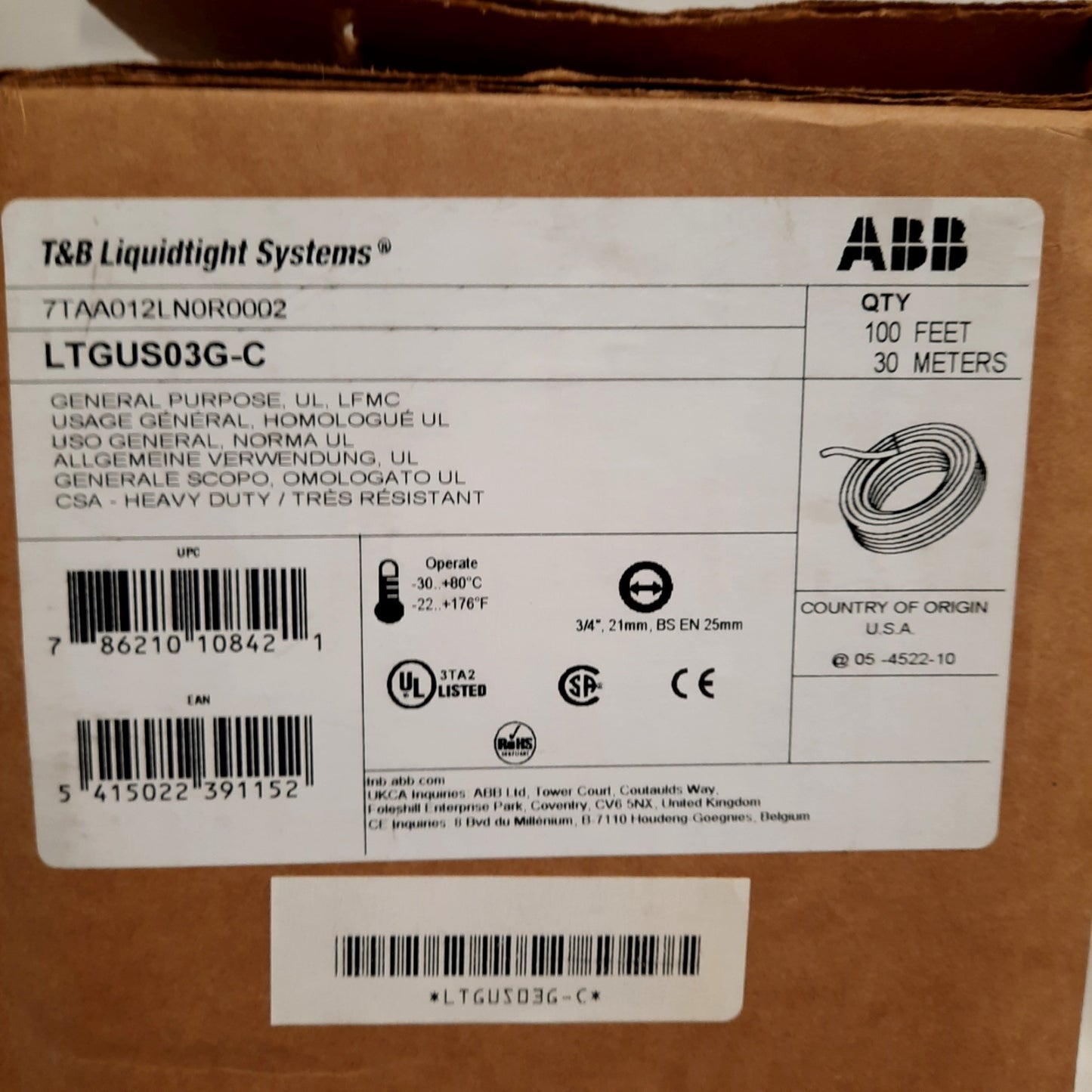 New ABB LTGUS03G-C Conduit, 3/4in Diameter Galvanized Steel Core w/ PVC Jacket 100ft