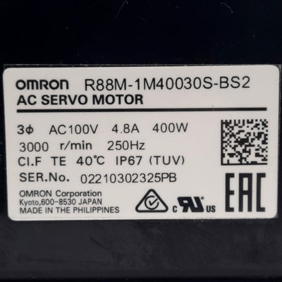Used Omron R88M-1M40030S-BS2 AC Servo Motor 100VAC 4.8A 400W, Key/Tap, 23Bit Encoder