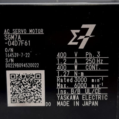 Used Yaskawa SGM7A-04D7F61 Servo Motor 400VAC 1.2A 400W 1.27Nm 6000rpm 24-Bit Encoder