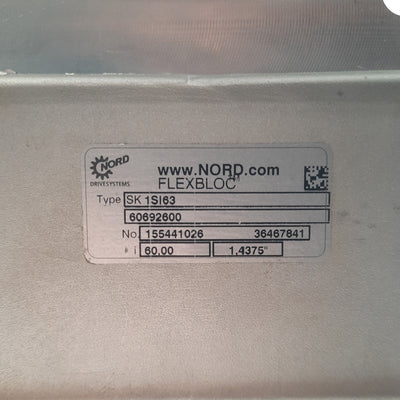 Used NORD SK 1SI63 Right Angle Gearhead, 60:1, 1150lb-in, 5/8" to 1 7/16" Shaft, 56C