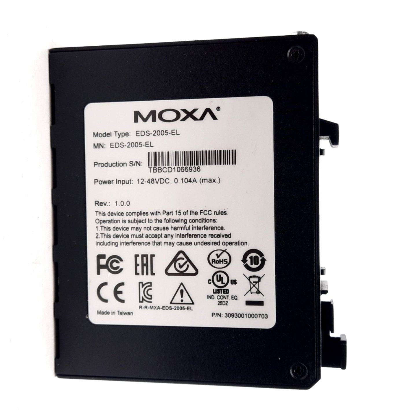 Moxa EDS-2005-EL Unmanaged Ethernet Switch, 5-Port, 12-48VDC 0.104A, DIN Rail