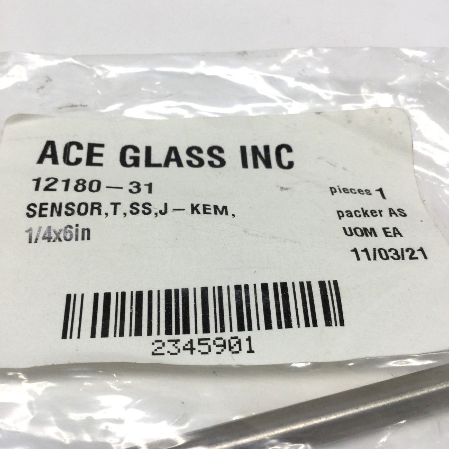 New Ace Glass 12180-31 SS Thermocouple Sensor Ø1/4" x 6", T-Type, -200° to 250°C