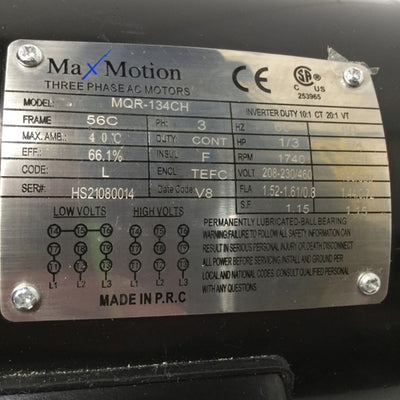 New – Open box MaxMotion MQR-134CH Inverter Duty Motor 208-230/460VAC 60Hz 3PH, 1/3HP, 1740RPM