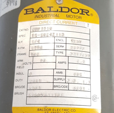 Used Baldor CDP3310 DC Motor 90VDC 2.5A, 1750RPM, 1/4HP, 56C Frame, 12-1/4" Length