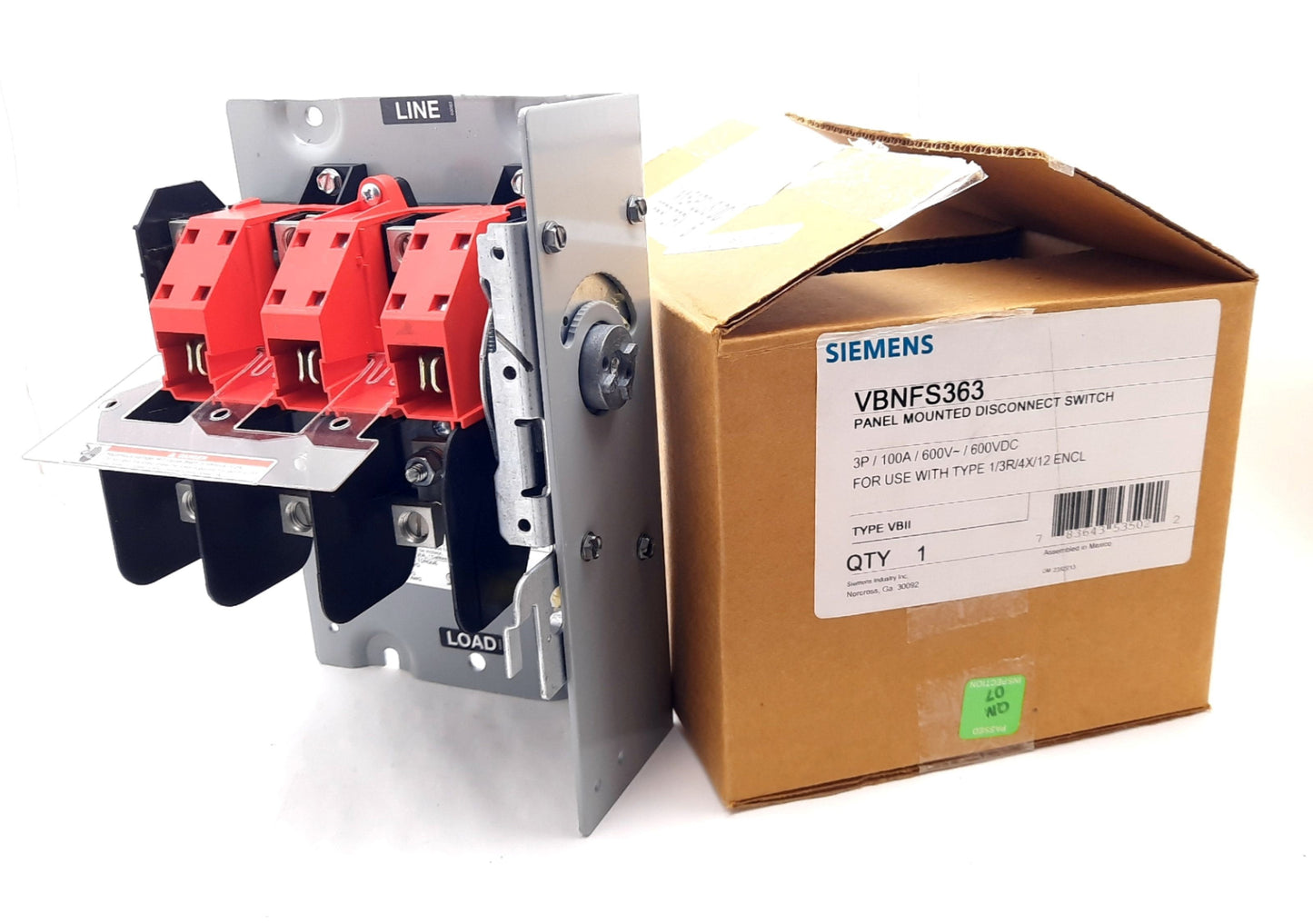 New Siemens VBNFS363 Panel Mount Disconnect Switch 600VAC, 600VDC, 100A, 3 Phase