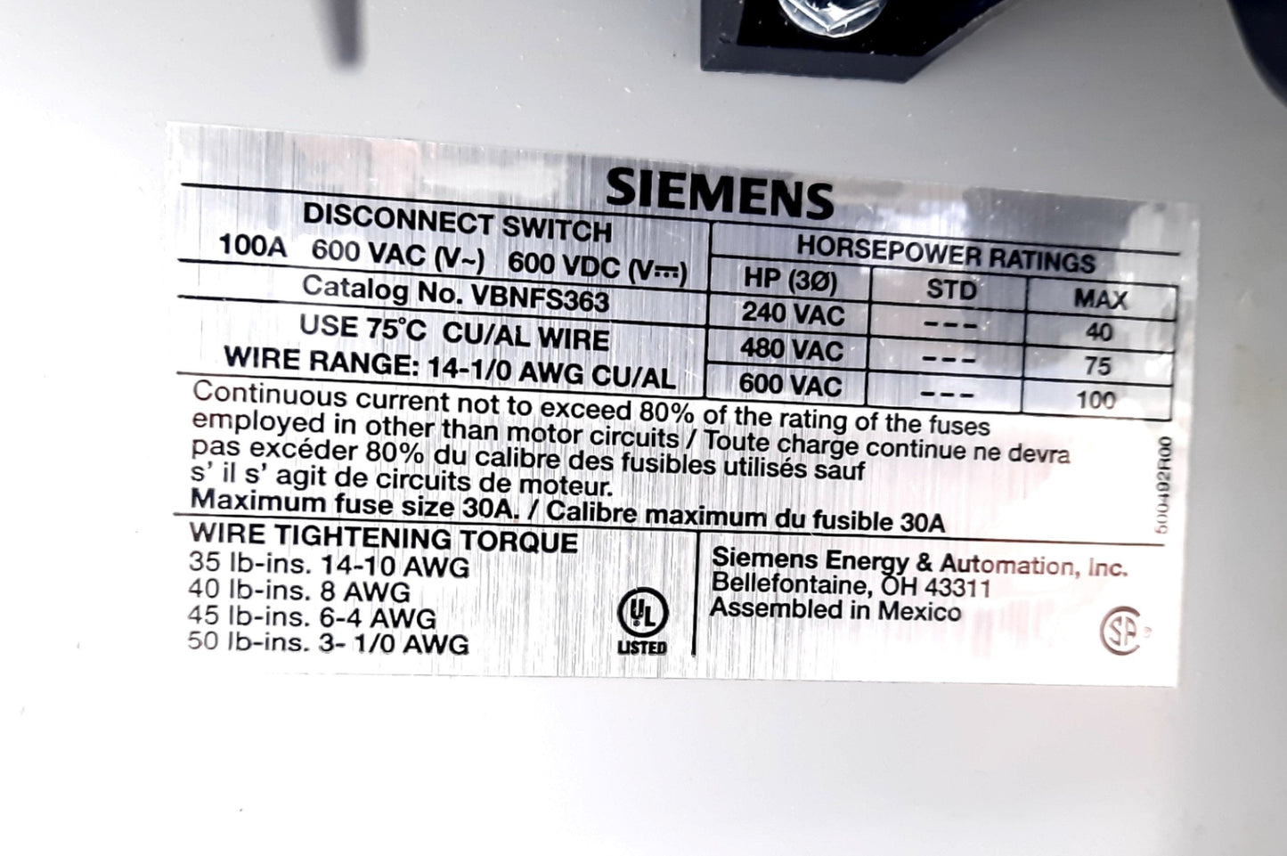 New Siemens VBNFS363 Panel Mount Disconnect Switch 600VAC, 600VDC, 100A, 3 Phase